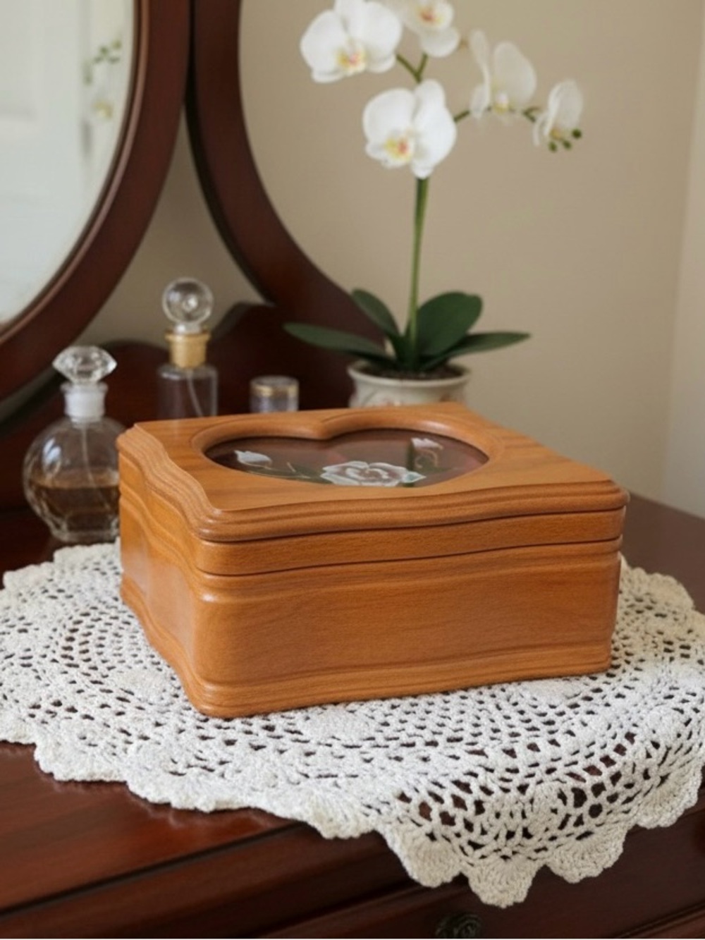 Vtg Miele Wooden Jewelry Box Stained Glass Floral Lid